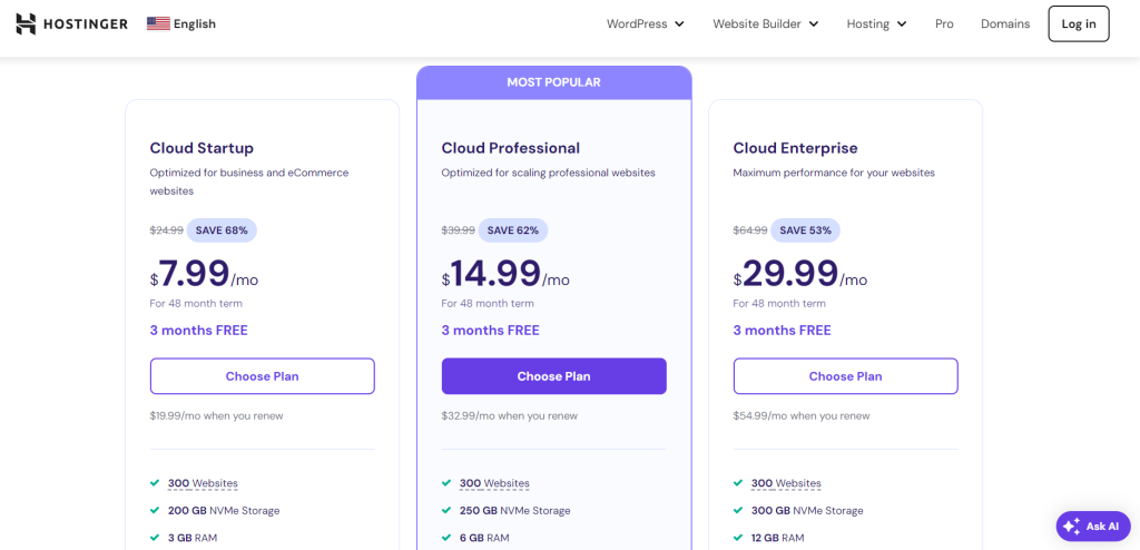 Hostinger Cloud Hosting US Pricing