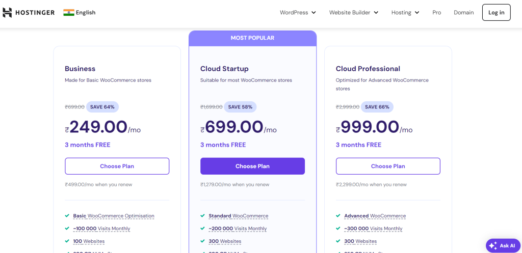 Hostinger WooCommerce Hosting Indian Pricing