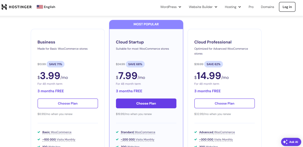 Hostinger WooCommerce Hosting US Pricing